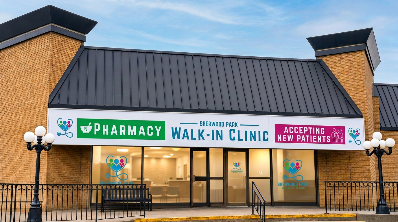 Exterior and main entrance of Sherwood Park Family & Walk-In Clinic at 136 Athabascan Ave.